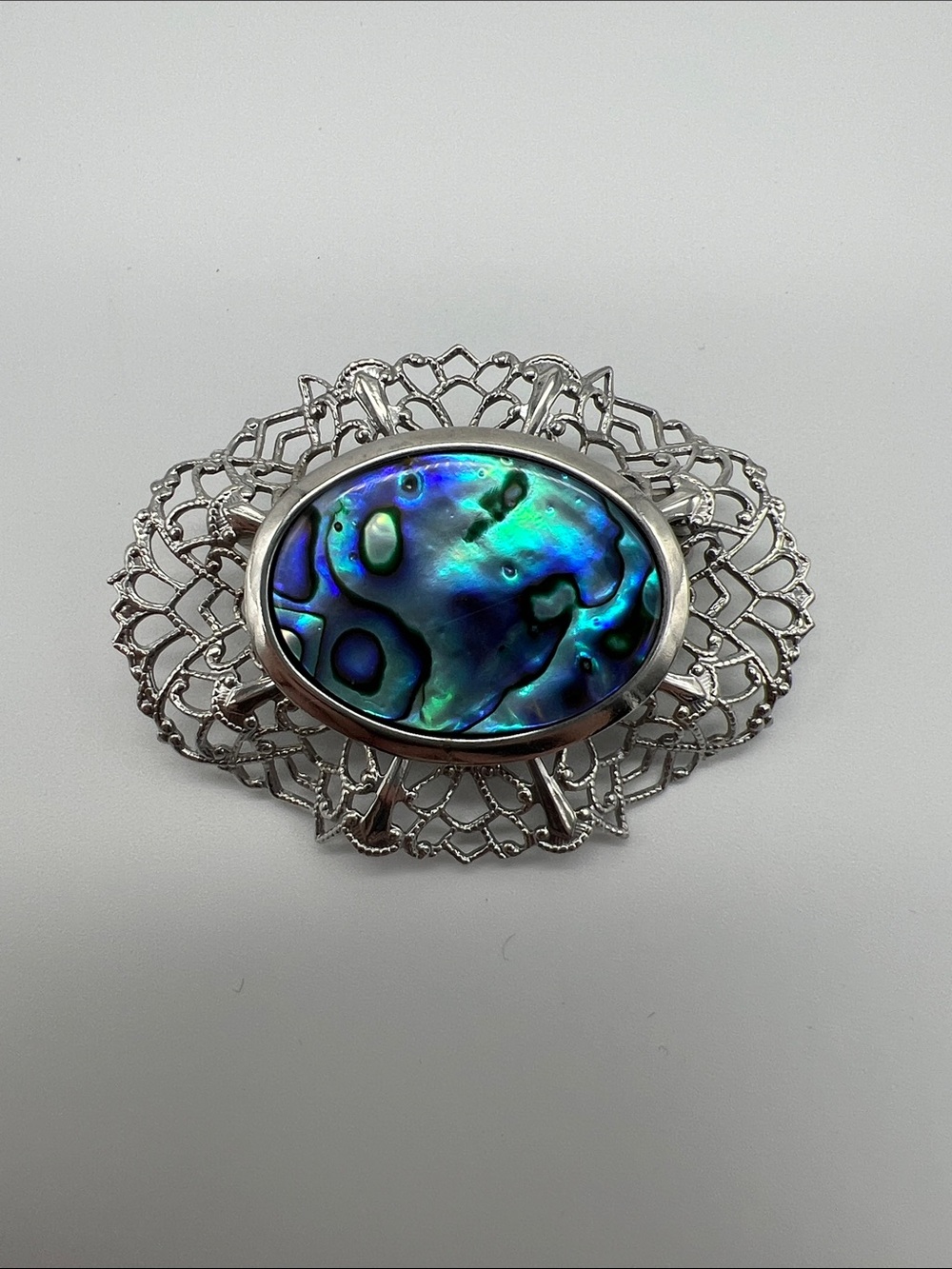 Abalone Shell Filigree Silver-Tone Brooch - Iridescent Blue-Green